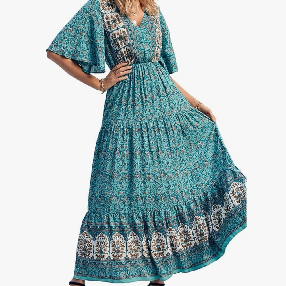 Teal and Gold Floral Maxi Dress Bohemian Size XL V Neck Short Sleeve
